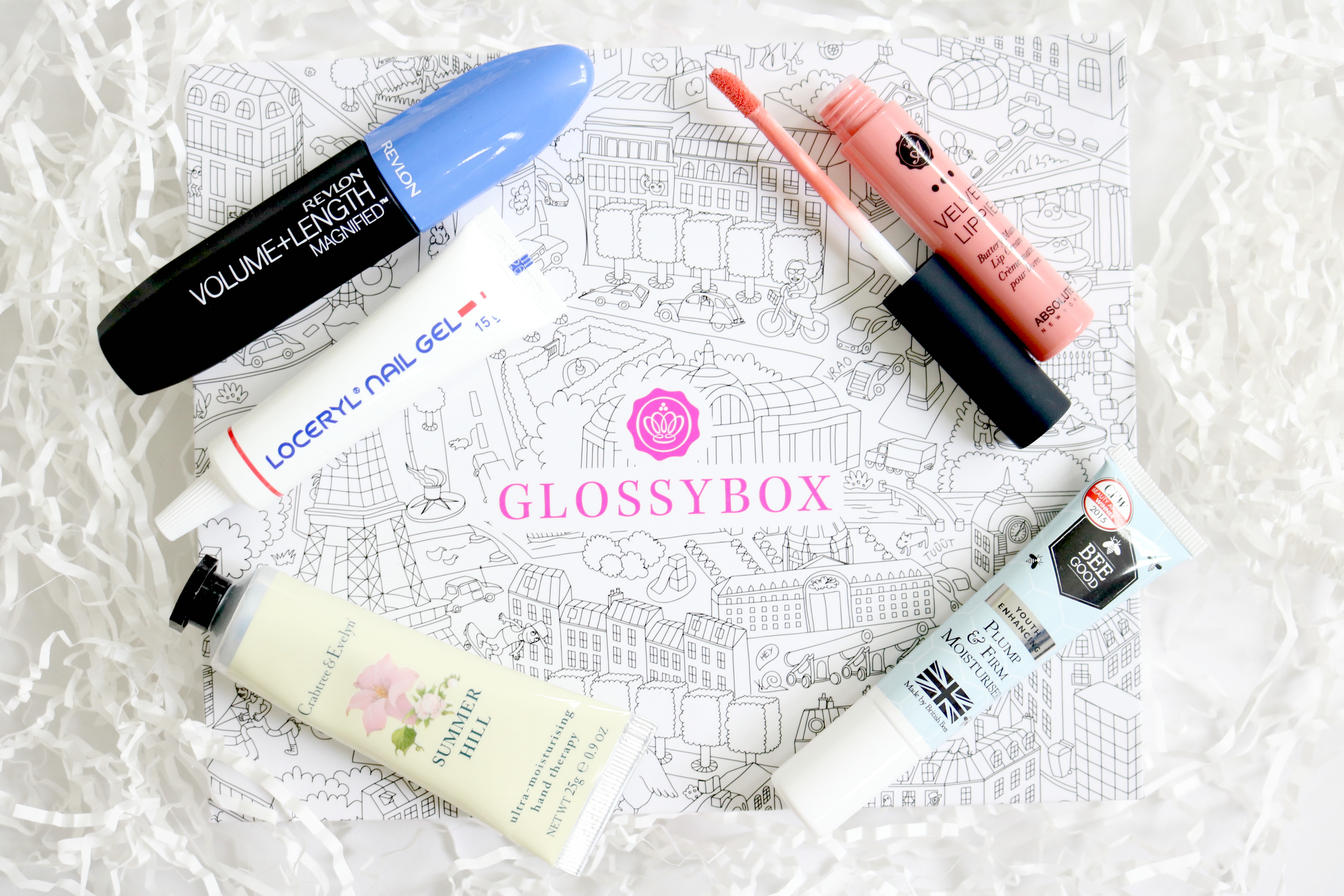 Jodetopia, Glossybox May 2016, Getaways, Revlon Mascara. Crabtree & Evelyn, Absolute New York, Bee Good Moisturiser, Loceryl Nail Gel